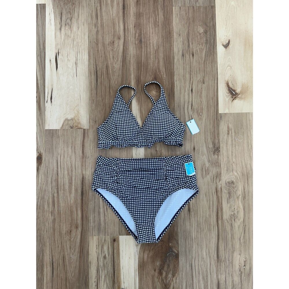 NWT Draper James Navy Blue Seersucker Triangle Bikini Swimsuit Size XL